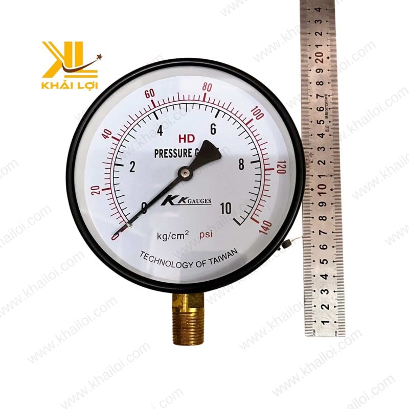 Đồng hồ áp suất KKGAUGES trên nền trắng, nổi bật mặt kính 63mm.