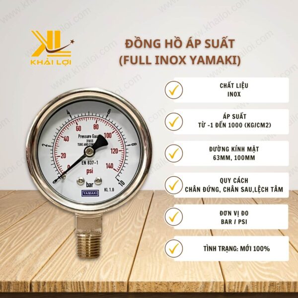 Thông số kỹ thuật Đồng hồ áp suất (Full INOX Yamaki ) của vật tư công nghiệp Khải Lợi