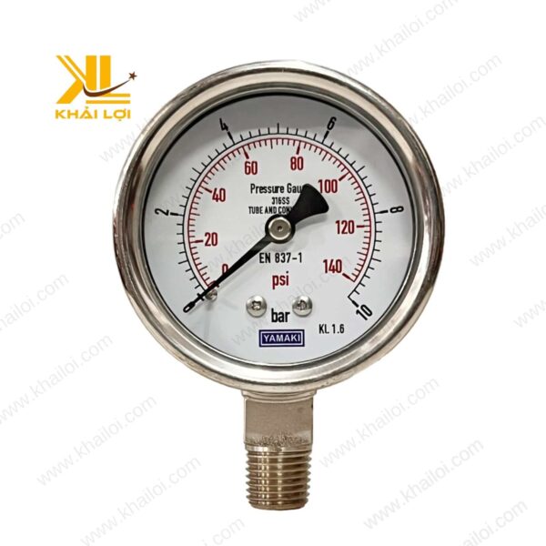 Đồng hồ áp suất Full INOX Yamaki với mặt số rõ nét và thang đo chính xác.