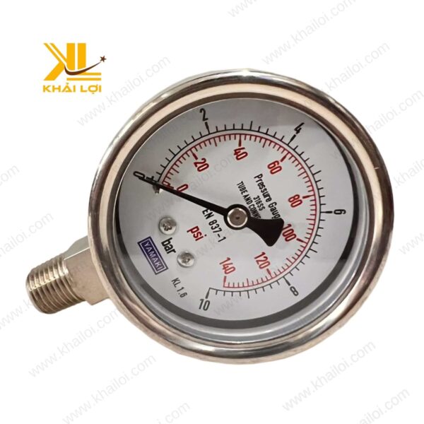 Hình ảnh cận cảnh đồng hồ áp suất Full INOX Yamaki với vỏ hoàn toàn bằng inox sáng bóng.