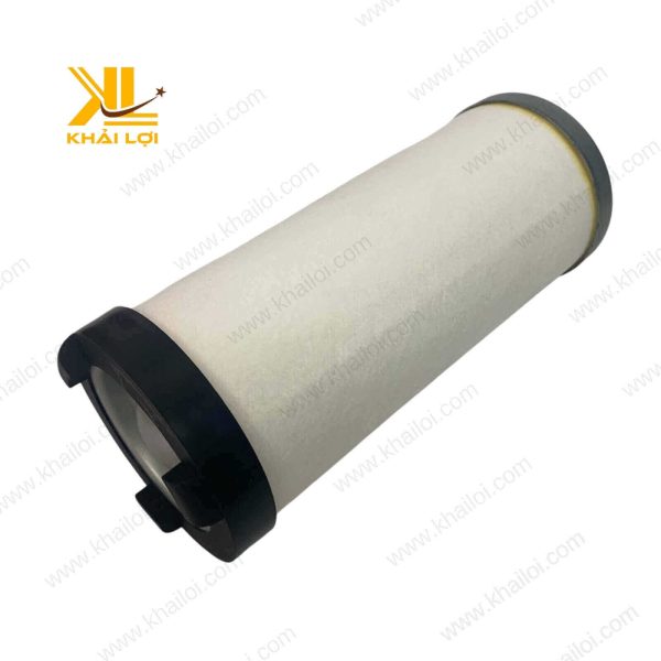Lọc tách nhớt máy khí nén Hitachi Samfam với góc nghiêng, thể hiện thiết kế độc đáo.