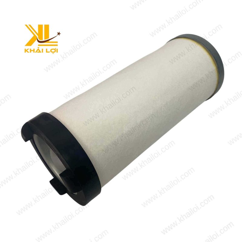 Lọc tách nhớt máy khí nén Hitachi Samfam với góc nghiêng, thể hiện thiết kế độc đáo.