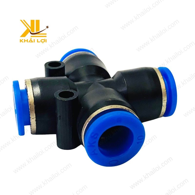 Cận cảnh ngã tư nối ống khí nén PZA, thể hiện các chi tiết rõ ràng của các khớp nối và sự tinh xảo trong thiết kế.