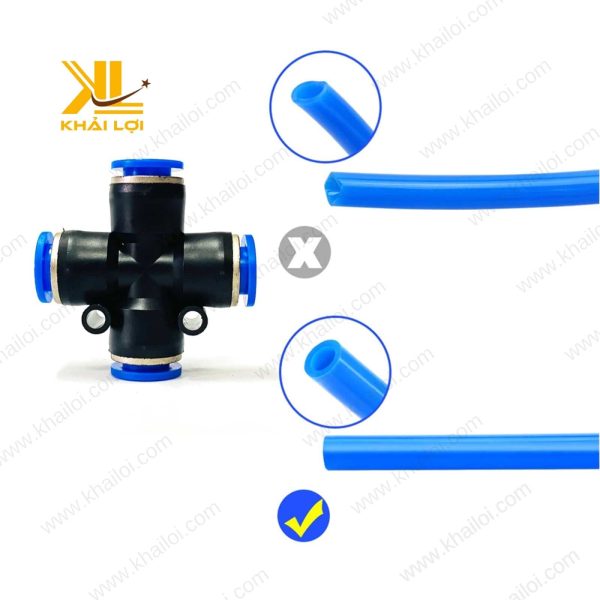 Ngã tư nối ống khí nén PZA được làm bằng vật liệu kim loại cao cấp, bề mặt sáng bóng và chống mài mòn.