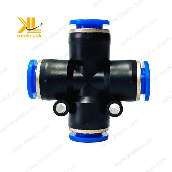 Ngã tư nối PZA kết nối bốn ống khí PU màu xanh trong một hệ thống tự động hóa.