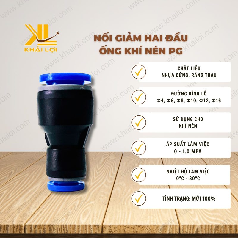 Thông số kỹ thuật Nối giảm hai đầu ống khí nén PG của Vật tư công nghiệp Khải Lợi.
