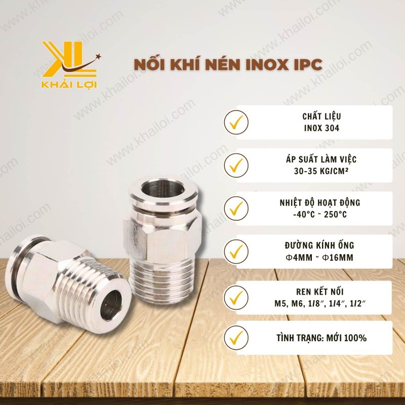 Thông số kỹ thuật 'Nối Khí Nén Inox IPC' của Vật tư công nghiệp Khải Lợi.