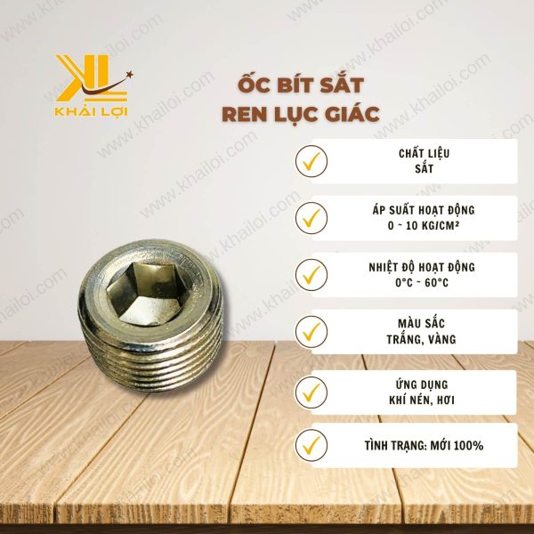 Thông số kỹ thuật 'Ốc bít sắt ren lục giác' của Vật tư công nghiệp Khải Lợi.