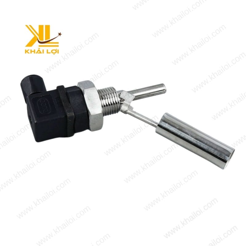 Góc chụp nghiêng của phao điện cảm biến inox, nhấn mạnh chi tiết hoàn thiện.