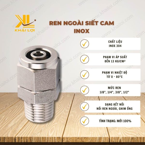 Thông số kỹ thuật ren ngoài siết cam inox của Vật tư công nghiệp Khải Lợi.