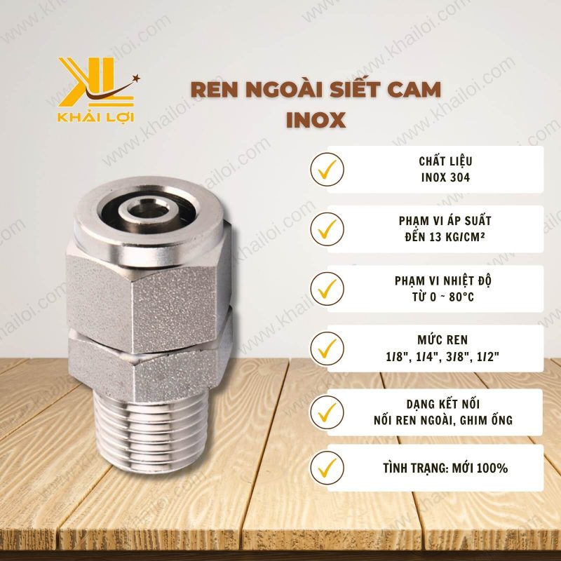 Thông số kỹ thuật ren ngoài siết cam inox của Vật tư công nghiệp Khải Lợi.