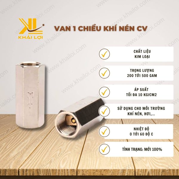 Thông số kỹ thuật 'Van 1 Chiều Khí Nén CV' của Vật tư công nghiệp Khải Lợi.
