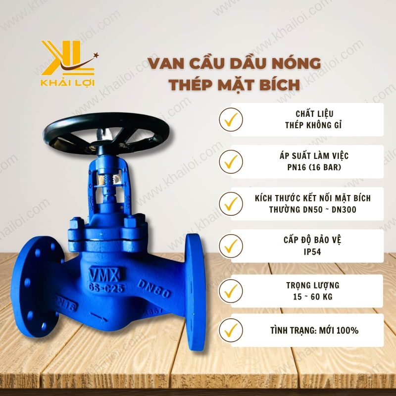 Thông số kỹ thuật "Van cầu dầu nóng thép mặt bích PN16 - 400 độ C" của vật tư công nghiệp Khải Lợi