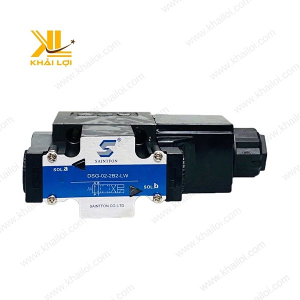 Một bộ van điện từ thủy lực SAINTFON DSG hoàn chỉnh với hai đầu cuộn coil và thân van.