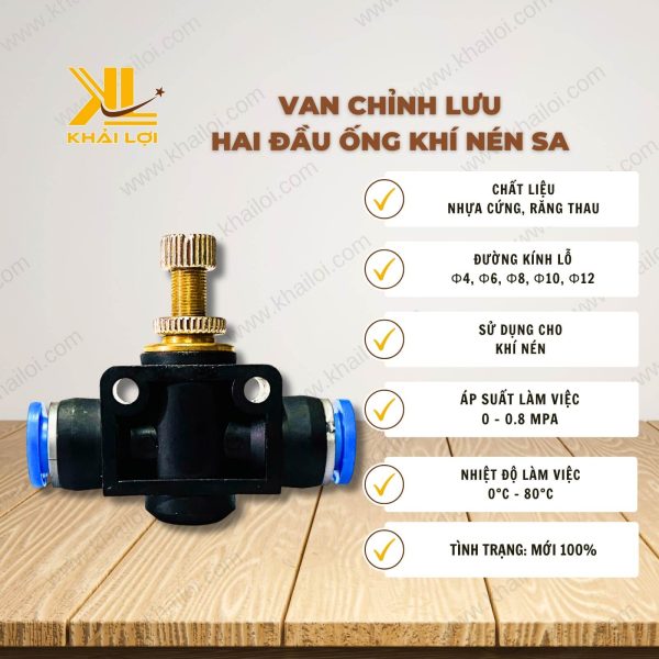 Thông số kỹ thuật Van tiết lưu hai đầu ống khí nén SA của Vật tư công nghiệp Khải Lợi.