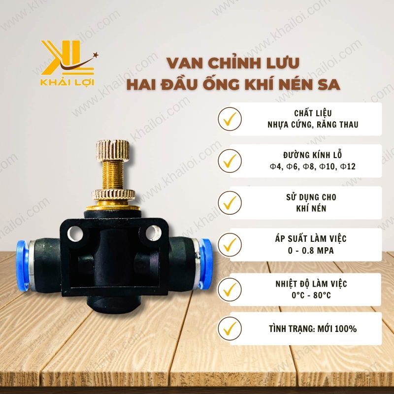 Thông số kỹ thuật Van Chỉnh Lưu Hai Đầu Ống Khí Nén SA của Vật tư công nghiệp Khải Lợi.