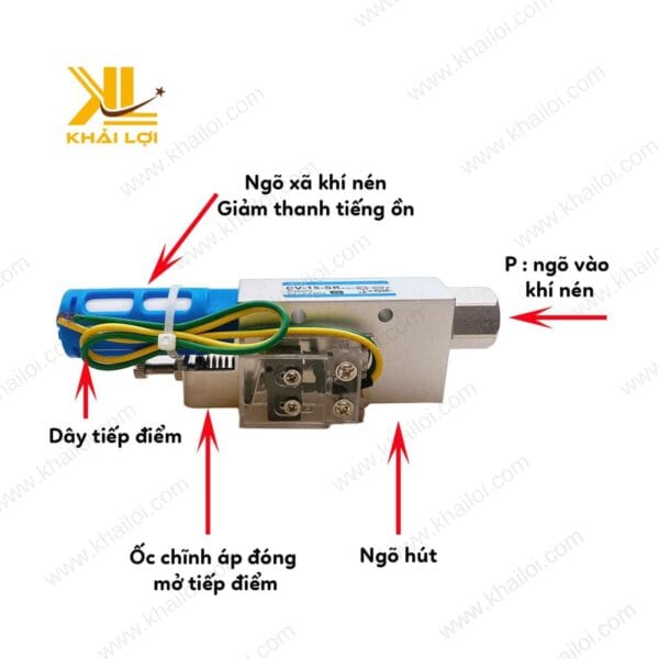 Cận cảnh Van hút chân không có tiếp điểm CV với chi tiết phần thân và tiếp điểm rõ ràng.