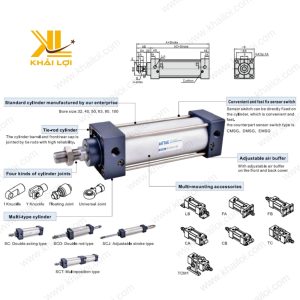 Cận cảnh Xi Lanh Airtac SC, thân nhôm, đế vuông, đệm khí điều chỉnh.
