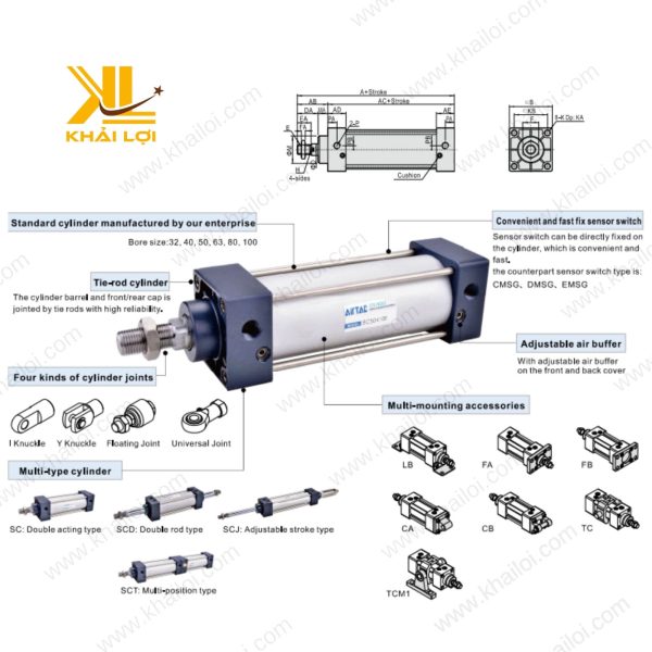 Cận cảnh Xi Lanh Airtac SC, thân nhôm, đế vuông, đệm khí điều chỉnh.