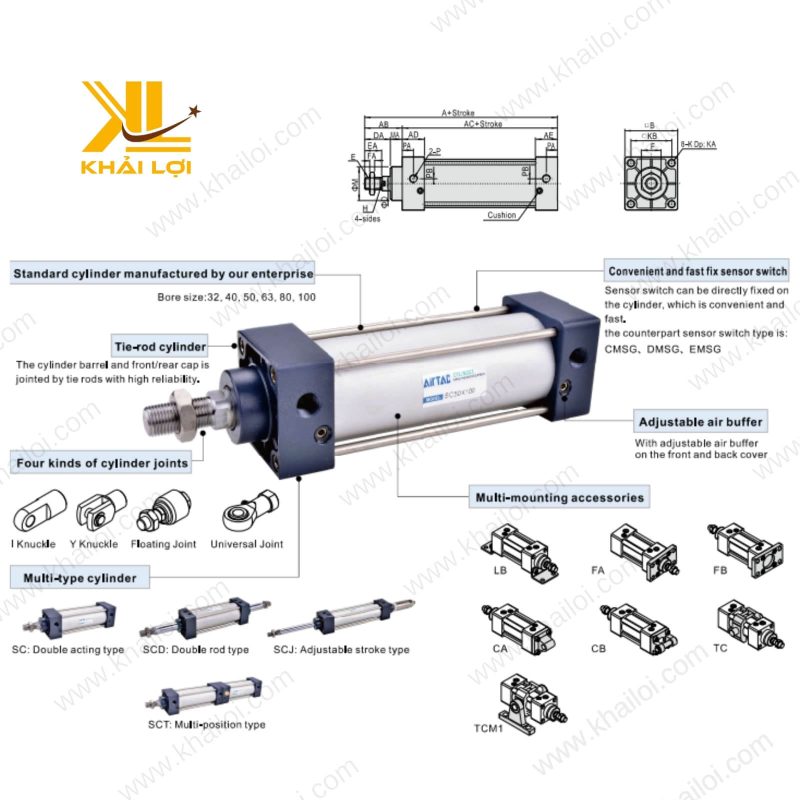 Cận cảnh Xi Lanh Airtac SC, thân nhôm, đế vuông, đệm khí điều chỉnh.