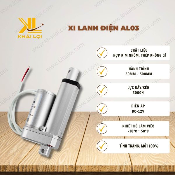 Thông số kỹ thuật "Xi Lanh Điện AL03" của Vật tư công nghiệp Khải Lợi.