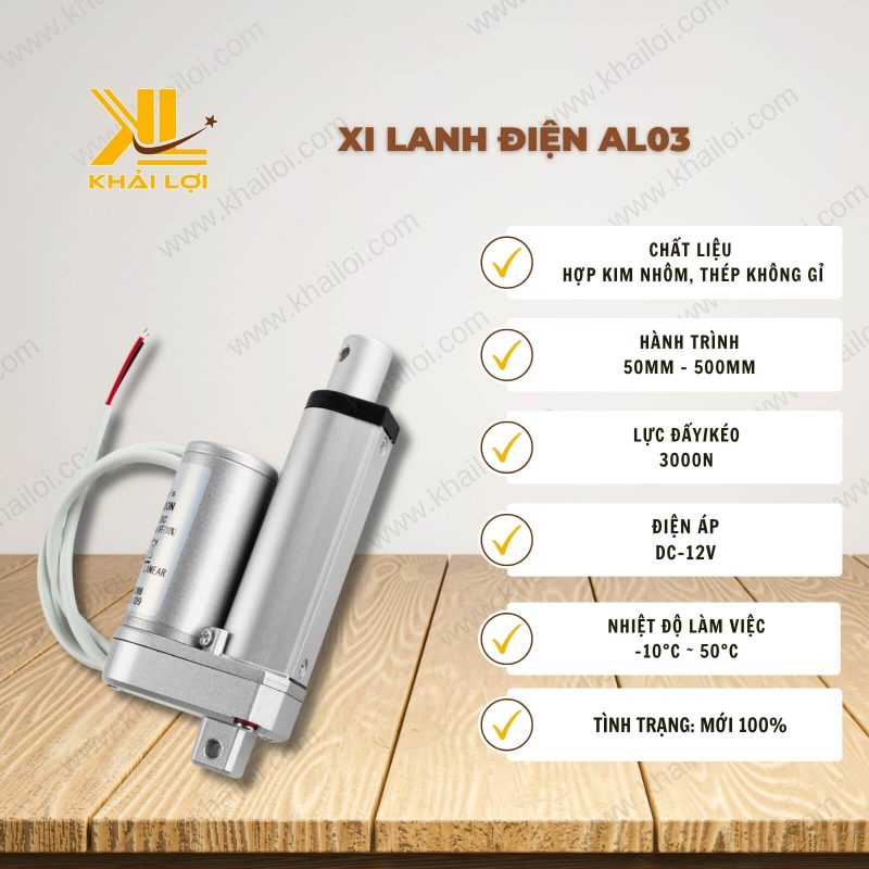 Thông số kỹ thuật "Xi Lanh Điện AL03" của Vật tư công nghiệp Khải Lợi.