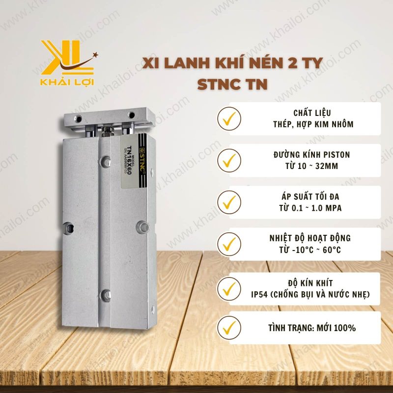 Thông số kỹ thuật của xi lanh khí nén 2 ty STNC TN của vật tư công nghiệp Khải Lợi.