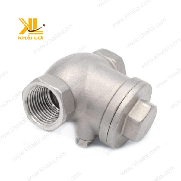 Cận cảnh van 1 chiều lá inox 304 có lớp hoàn thiện sáng bóng và chi tiết kết nối ren.
