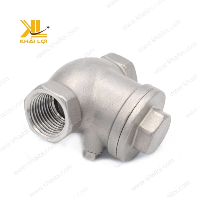 Cận cảnh van 1 chiều lá inox 304 có lớp hoàn thiện sáng bóng và chi tiết kết nối ren.