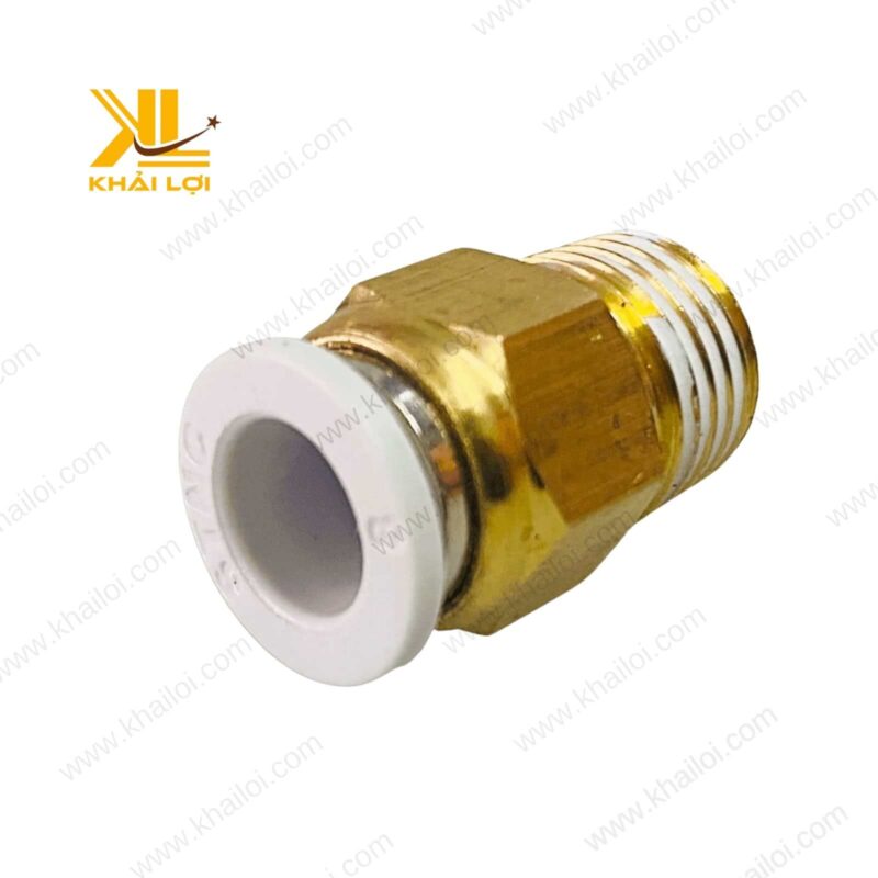 Ảnh chụp cận cảnh đầu nối khí nén ren ngoài STNC YPC với thiết kế bằng đồng thau chất lượng cao.
