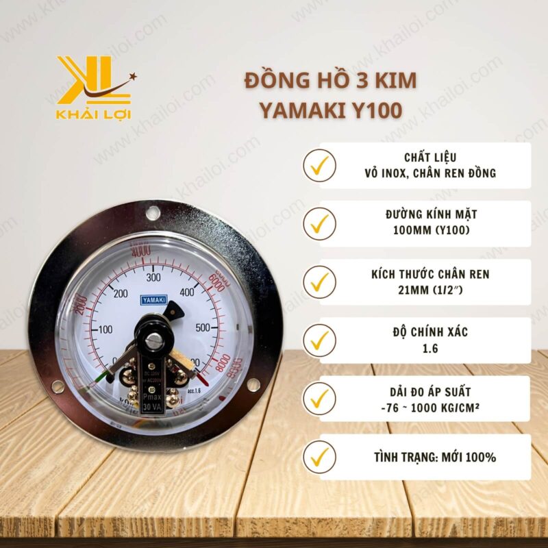 Thông số kỹ thuật đồng hồ đo áp suất YAMAKI Y100 của Vật tư công nghiệp Khải Lợi.