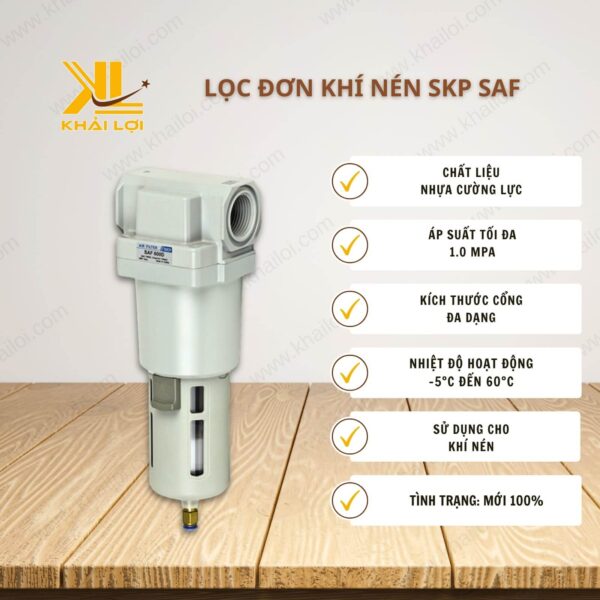 Thông số kỹ thuật Lọc Đơn Khí Nén SKP SAF của Vật tư công nghiệp Khải Lợi.