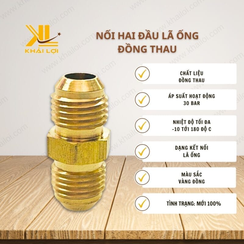 Thông số kỹ thuật "Nối Hai Đầu Lã Ống Đồng Thau" của Vật tư công nghiệp Khải Lợi.