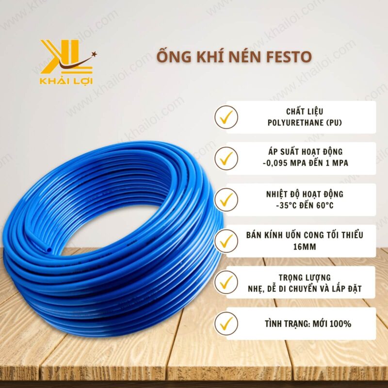 Thông số kỹ thuật ống khí nén Festo của Vật tư công nghiệp Khải Lợi, đảm bảo hiệu suất tối ưu trong các hệ thống khí nén.