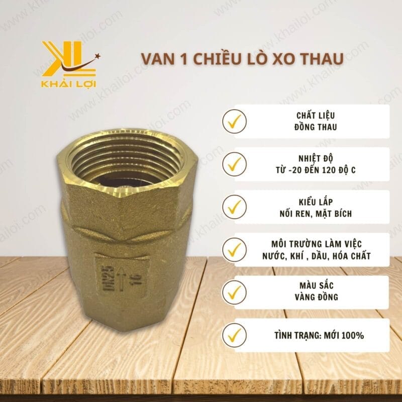 Thông số kỹ thuật "Van 1 chiều lò xo thau" của Vật tư công nghiệp Khải Lợi
