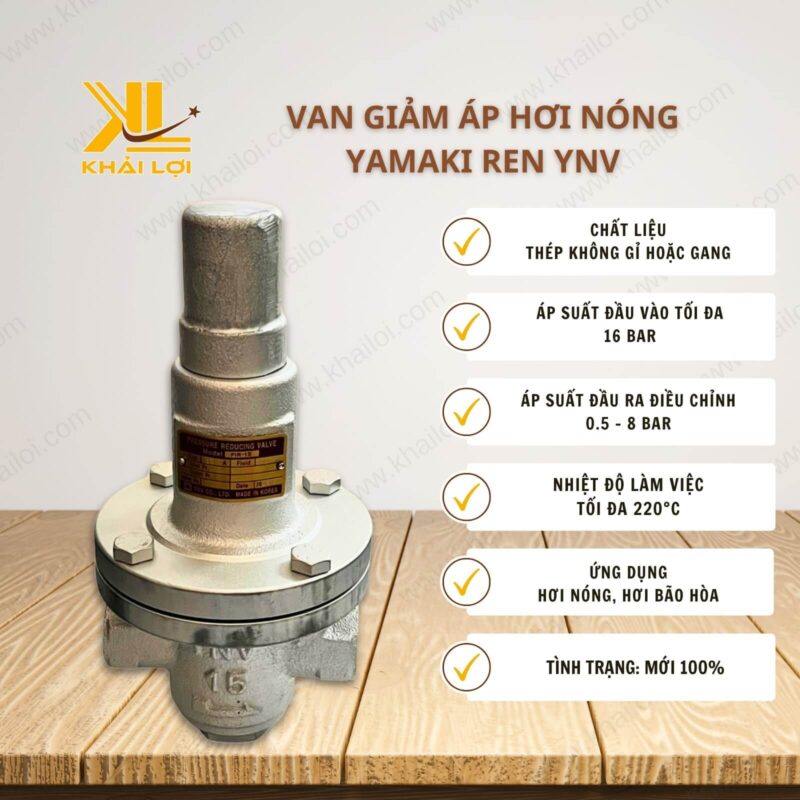 Thông số kỹ thuật van giảm áp hơi nóng ren YNV của Vật tư công nghiệp Khải Lợi.