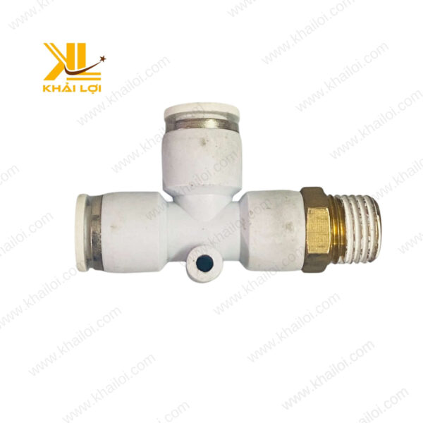 Cận cảnh sản phẩm Chữ T Hai Đầu Ghim Ống Ren Bên Hông STNC YPD chuyên dùng cho hệ thống khí nén.