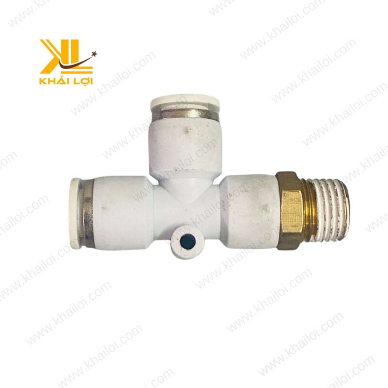 Cận cảnh sản phẩm Chữ T Hai Đầu Ghim Ống Ren Bên Hông STNC YPD chuyên dùng cho hệ thống khí nén.