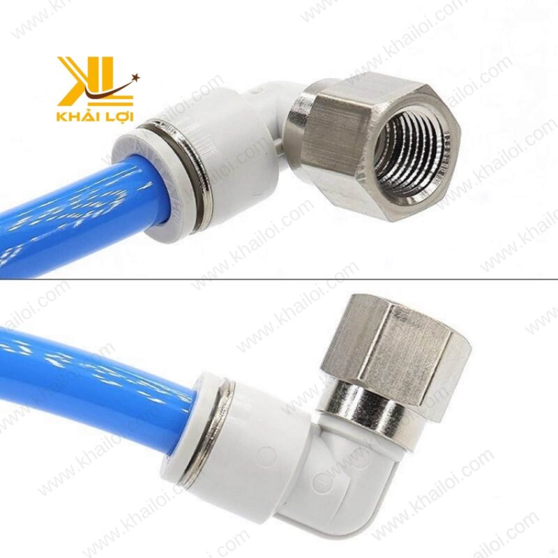 Cận cảnh Co Nối Hơi Khí Nén AIRTAC PLF với đầu ren trong bằng đồng và đầu nối ống hơi nhựa.