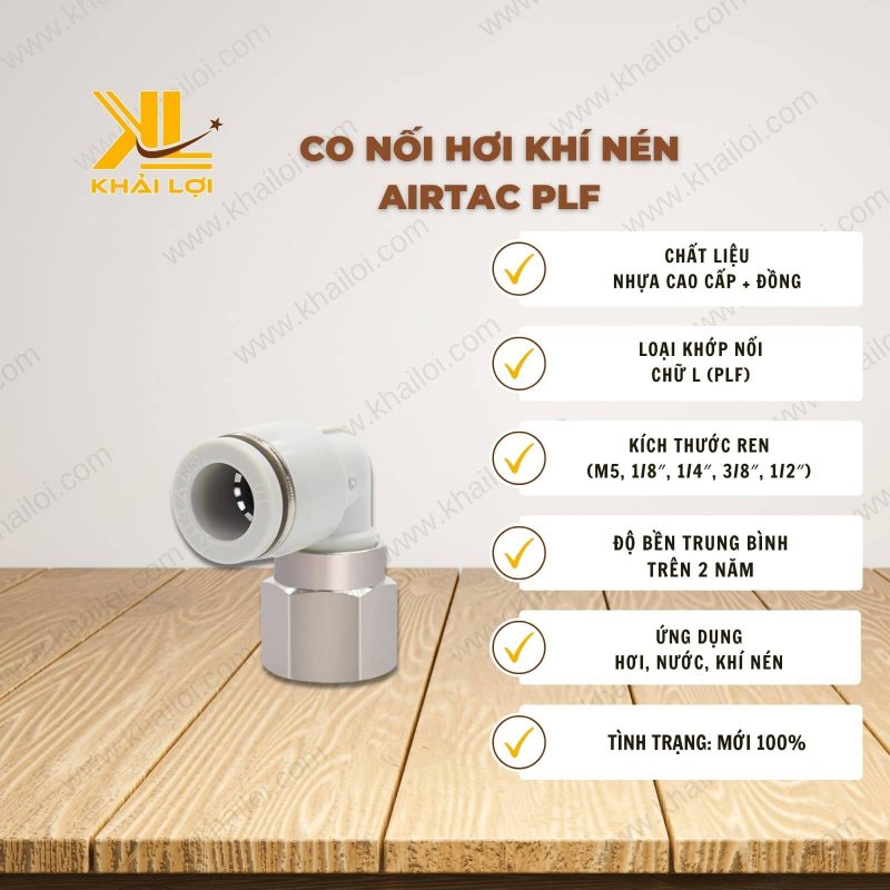 Thông số kỹ thuật Co Nối Hơi Khí Nén AIRTAC PLF của Vật tư công nghiệp Khải Lợi.