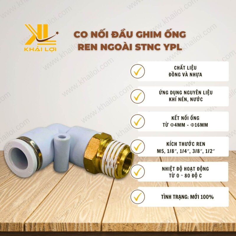 Thông số kỹ thuật của co nối đầu ghim ống ren ngoài STNC YPL của Vật tư công nghiệp Khải Lợi.