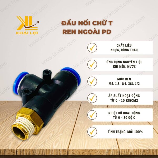 Thông số kỹ thuật đầu nối chữ T ren ngoài PD của Vật tư công nghiệp Khải Lợi