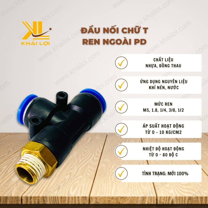 Thông số kỹ thuật đầu nối chữ T ren ngoài PD của Vật tư công nghiệp Khải Lợi