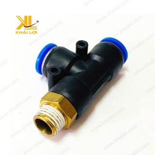 Hình ảnh thực tế đầu nối chữ T ren ngoài PD với ba đầu kết nối, giúp phân phối khí nén hiệu quả.