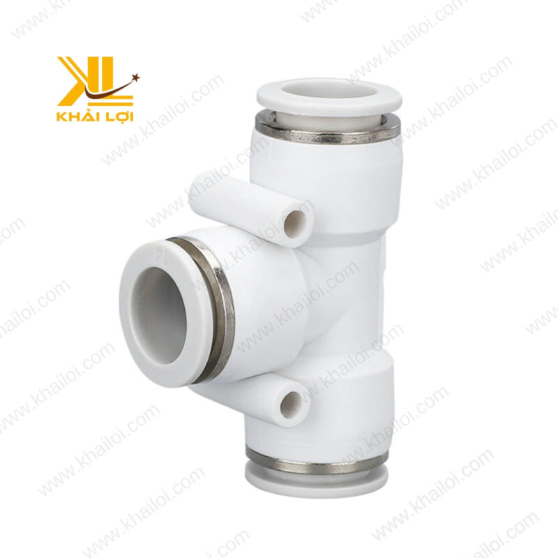 Đầu nối chữ T khí nén JPE với chất liệu nhựa bền bỉ, chịu nhiệt tốt.