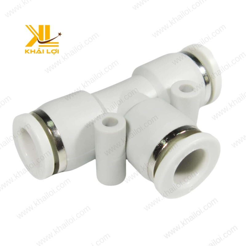Cận cảnh ngã ba nối ống khí nén JPE với thiết kế nhấn khóa tiện lợi.