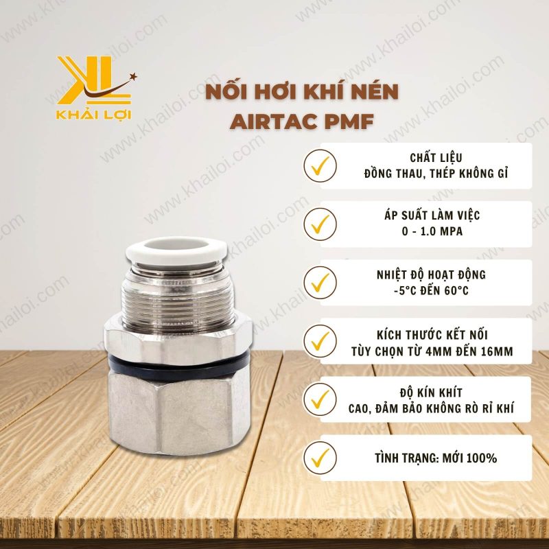 Thông số kỹ thuật khớp nối hơi AIRTAC PMF của Vật tư công nghiệp Khải Lợi.