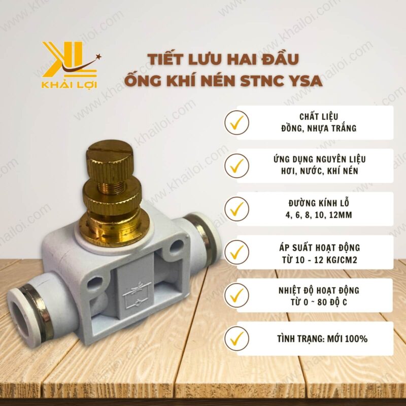 Thông số kỹ thuật van tiết lưu 2 đầu ống khí nén STNC YSA của Vật tư công nghiệp Khải Lợi.