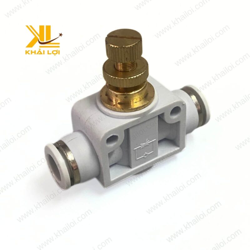 Cận cảnh van tiết lưu STNC YSA với thiết kế 2 đầu ống kết nối, dễ lắp đặt trong hệ thống khí nén.