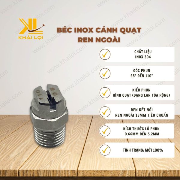 Thông số kỹ thuật Béc Inox Cánh Quạt Ren Ngoài của Vật tư công nghiệp Khải Lợi.